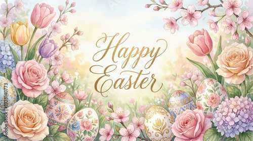 Beautiful floral frame illustration with pink tulips and roses surrounding Happy Easter text for elegant spring holiday greeting card design or romantic seasonal banner layout art.