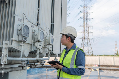 Fotografia Engineer verifying transformer pressure gauges at electrical substation, analyzing measurement data to maintain voltage stability and ensure reliable energy transmission performance