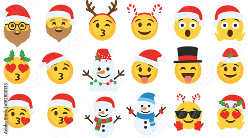 Christmas emoji vector collection with festive smiley faces, Santa hats, and snowman characters for holiday messaging design