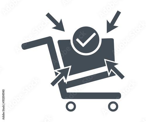 Shopping cart with checklist and arrows indicating successful purchase