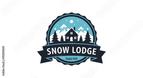 Snow Lodge Emblem with Mountains and Trees.