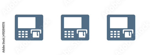 ATM Icon Trio. Everyday banking scene illustrated by an ATM machine with screen and card slot reduced to a clean icon, identical