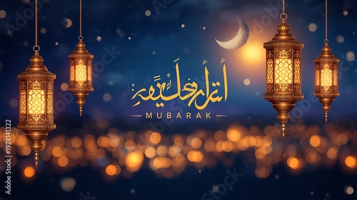 Festive eid al fitr mubarak greeting with illuminated lanterns and sparkling bokeh
