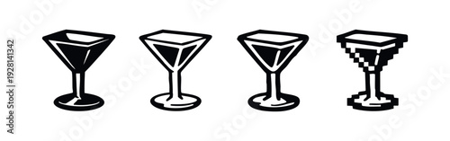 Stylish Cocktail Glass Icons: Solid, Outline, Hand-drawn, and Pixel Art Perspectives