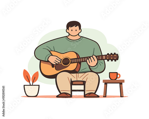Distorted Guitar Serenade. Calm person plays an acoustic guitar at home, posture upright as fingers pause between chords and air