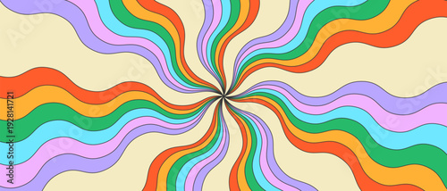 Groovy Psychedelic Sun Rays Texture. Cool Y2k Rainbow Spiral Pattern. Retro Colorful Beams Swirl Background. Playful Cute Backdrop.