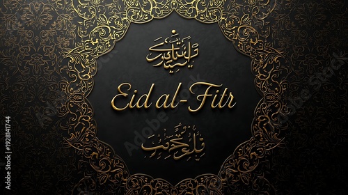 Elegant eid al fitr greeting card with golden calligraphy and floral ornamentation