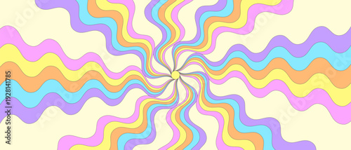 Cool Geometric Rainbow Swirl Pattern. Abstract Geometric Colorful Sun Rays Background. Groovy Vector Texture. Playful Y2k Poster. Psychedelic Backdrop.