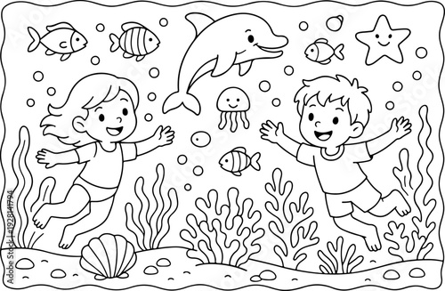 Marine life Wonderland hand drawn vector illustration doodle art line art coloring page for kids