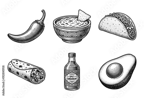 Mexican food collection featuring hand drawn woodcut style illustrations of taco burrito chili pepper avocado spicy sauce and guacamole bowl
