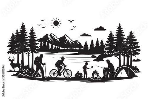 Nature Recreation Scene Silhouette, Vector Illustration, Isolated on White Background