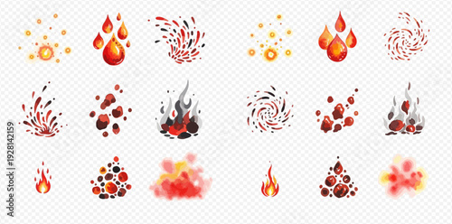 Set of various fire and explosion effects, including sparks, smoke, and flames on a transparent background.