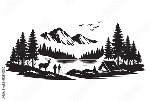 National Park Landscape Silhouette, Vector Illustration, Isolated on White Background