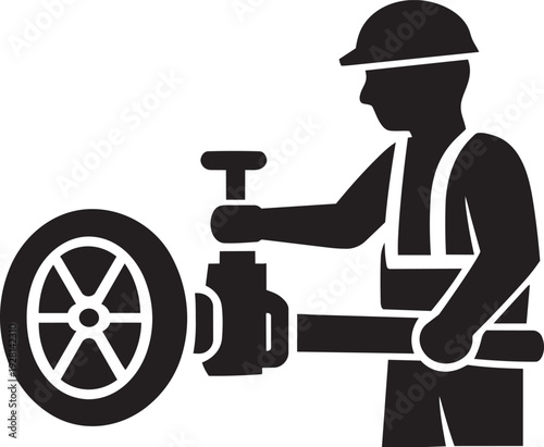 Construction worker adjusting a valve on pipes and a large wheel, signifying utility work or industrial control,