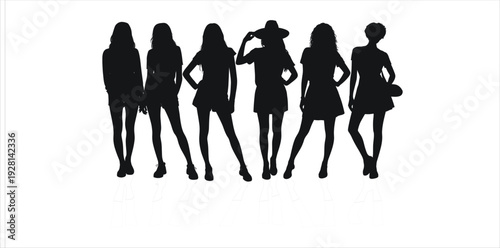 Silhouettes of six fashionable women standing together with reflections style group