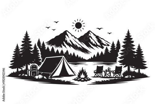 Camping Scene Silhouette, Vector Illustration, Isolated on White Background
