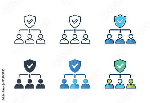 Corporate Governance Icons. Leadership structure icon showing a multi-level hierarchy chart with shield and checkmark,