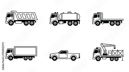 Six different types of trucks depicted in a simple keywords: black and white line style vehicle transport