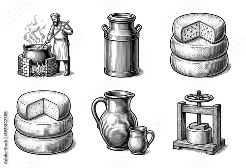 Vintage engraving style collection of traditional cheesemaking elements featuring artisanal dairy production tools, cheese wheels, and a master cheesemaker
