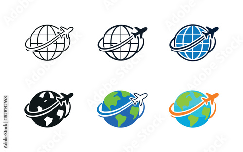 Overseas travel icon showing a flying airplane combined with a world sphere and directional arcs that convey movement between