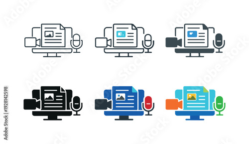 Content Creation Icons. Online content production icon portraying a symbolic workspace element that represents blogging, video