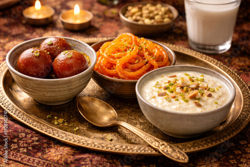 Traditional Indian Sweets Gulab Jamun Jalebi and Kheer Served on Festive Tray