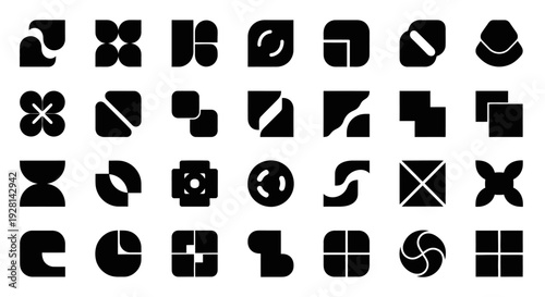 Collection of black abstract geometric icons on white background.