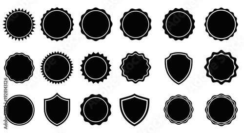 Collection of black and white badge icons in various shapes and designs.