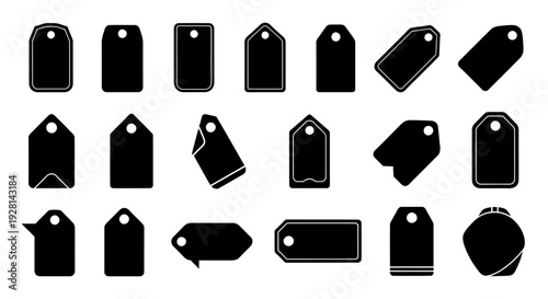 Collection of black tag icons in various shapes and designs.