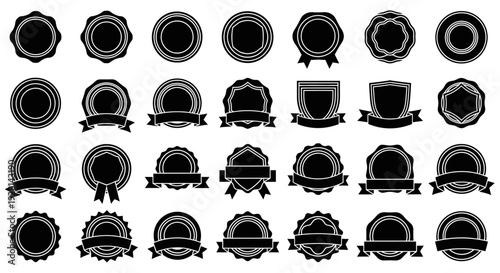 Collection of black and white badge icons with various designs and ribbons.
