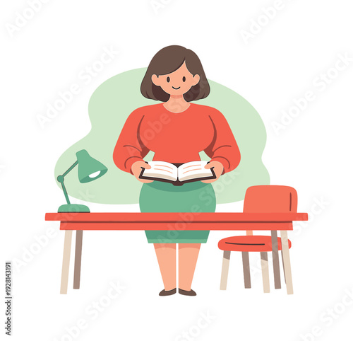 Warm person stands opening a book at a desk while a lamp and chair remain quietly arranged nearby. | opening book reading, flat
