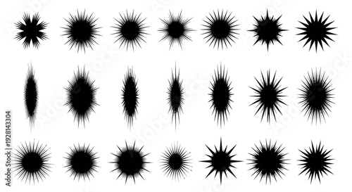 Collection of black explosion and burst effects on white background.