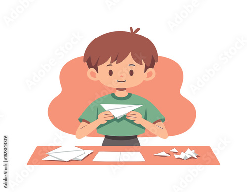 Small child folds a paper airplane at a desk, crisp creases forming, scraps aside, hands focused, ready to test flight calmly now