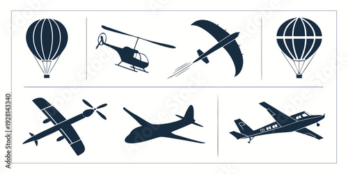 A diverse collection of various aircraft and flying objects in a line-up Vector