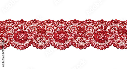 Red Lace Trim with Floral Pattern on Black Background for Fashion and Sewing Projects