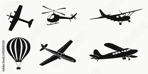 A diverse collection of various types of aircraft and flying machines Vector