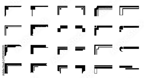 Collection of various black and white corner designs and decorative elements for frames, borders, and architectural trim.