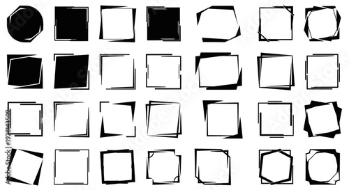Collection of hand-drawn distressed frames and shapes, including squares, rectangles, circles, and polygons, in black and white, with a grunge aesthetic.
