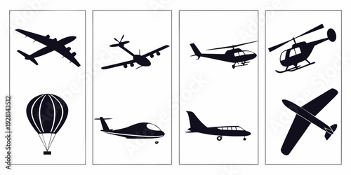 A collection of various types of aircraft including airplanes and helicopters Vector