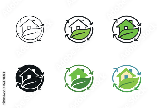 Eco friendly lifestyle icon illustrating a leaf integrated with a house and circular arrows to represent sustainable living