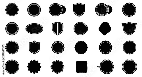 A collection of various blank black silhouette badges, labels, and emblems with diverse shapes and borders on a white background, ideal for graphic design.
