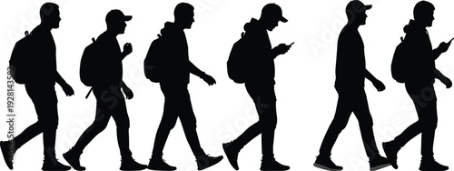 Silhouettes of young male students with backpacks walking together, focusing on mobile phones, representing urban commuting, campus life, and modern technology,