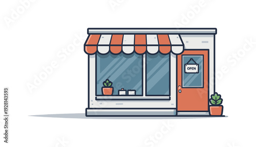 Charming storefront with an open sign on the door and plants outside