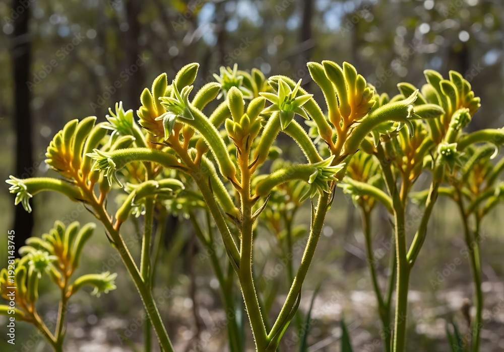 Obraz premium Green and yellow fuzzy flower stalks grow in soft dappled sunlight.