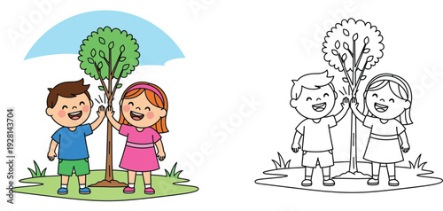Happy children planting a tree and high fiving. Vector illustration of cartoon kids with a sapling, including colorful and black and white line art versions for coloring book.
