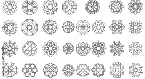 A diverse collection of intricate geometric patterns and sacred geometry designs, featuring various symmetrical mandalas and abstract shapes for decorative purposes.