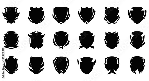 A collection of diverse black shield silhouettes on a white background, showcasing various heraldic and protective emblem designs for graphic use.