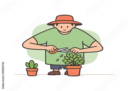 Whimsical Gardener Illustration. Quiet gardener trims plants with scissors, careful snips shaping leaves while pots rest nearby on