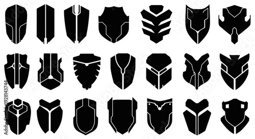A collection of twenty futuristic and geometric shield silhouettes, featuring diverse stylized designs suitable for icons or emblems.