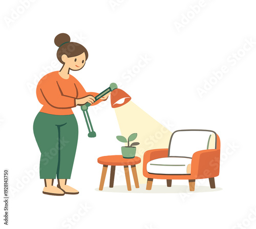Warm person stands adjusting a desk lamp angle as light shifts across a chair and side table nearby. | adjusting lighting lamp,